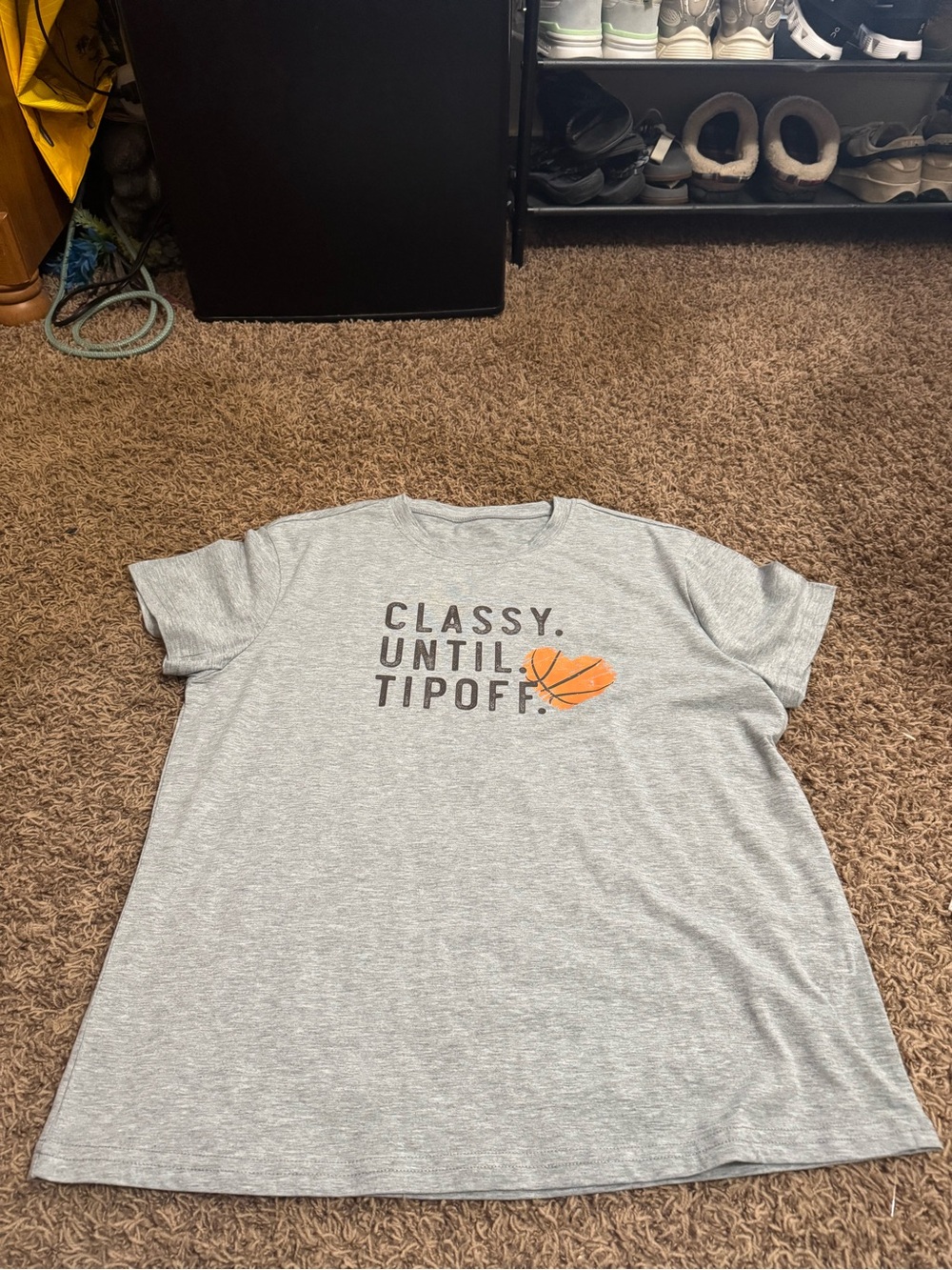 Gray Graphic Tee "Classy Until Tipoff" with Orange Basketball